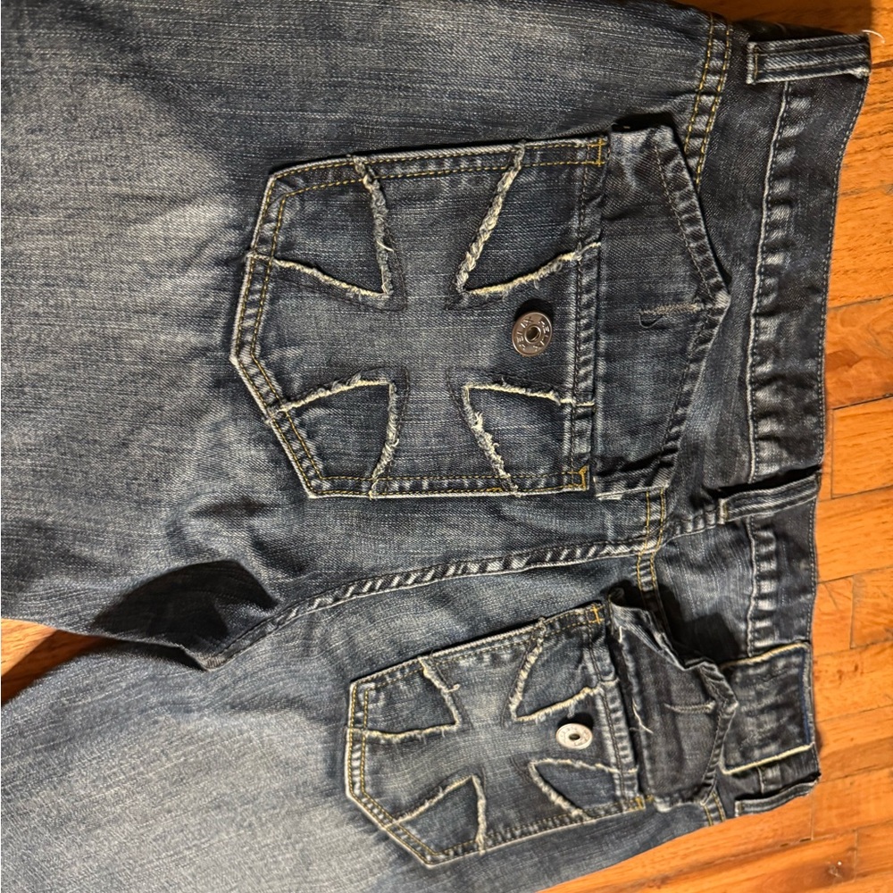 Stylish Blue Washed Cross Design Baggy Jeans